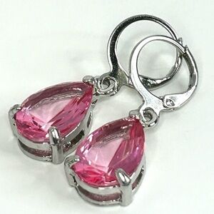 Pink Glass Tear Drop Silver Tone Earrings